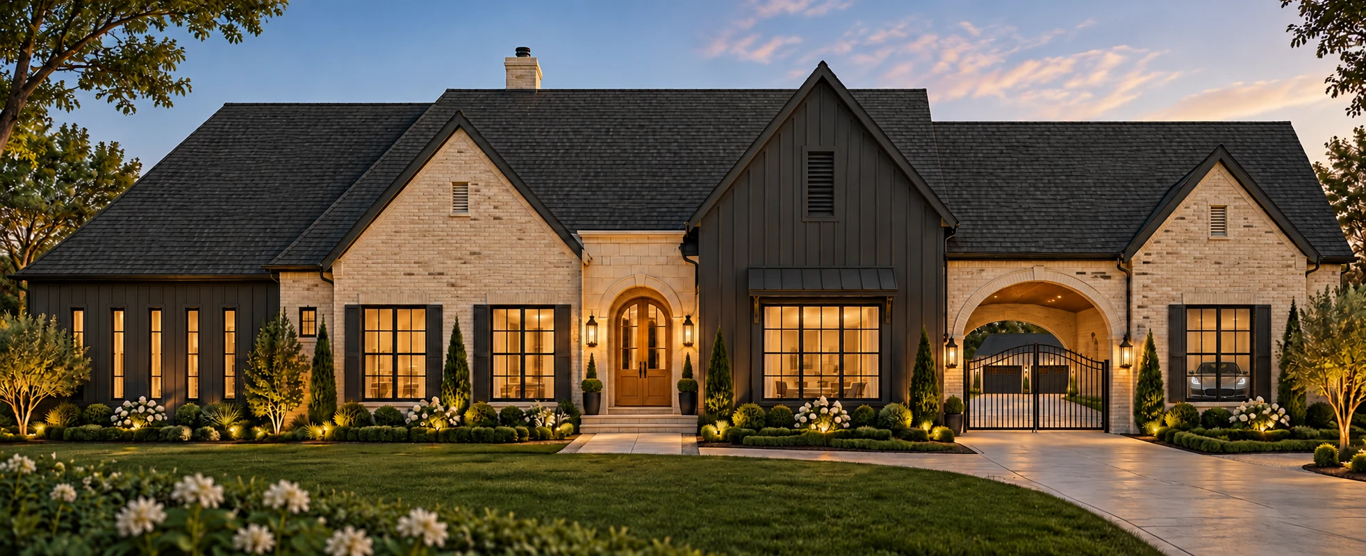 Updated exterior rendering of The Brentwood with warm brick, charcoal siding, an arched stone entry, and a gated porte cochère
