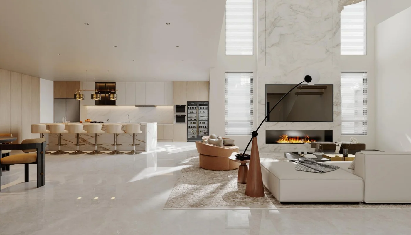 Architectural rendering of The Malibu's double-height living space