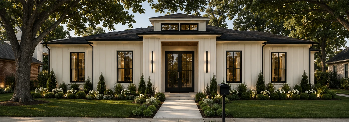 Exterior concept rendering of The Meadow with light siding, dark windows, and a warm wood entry