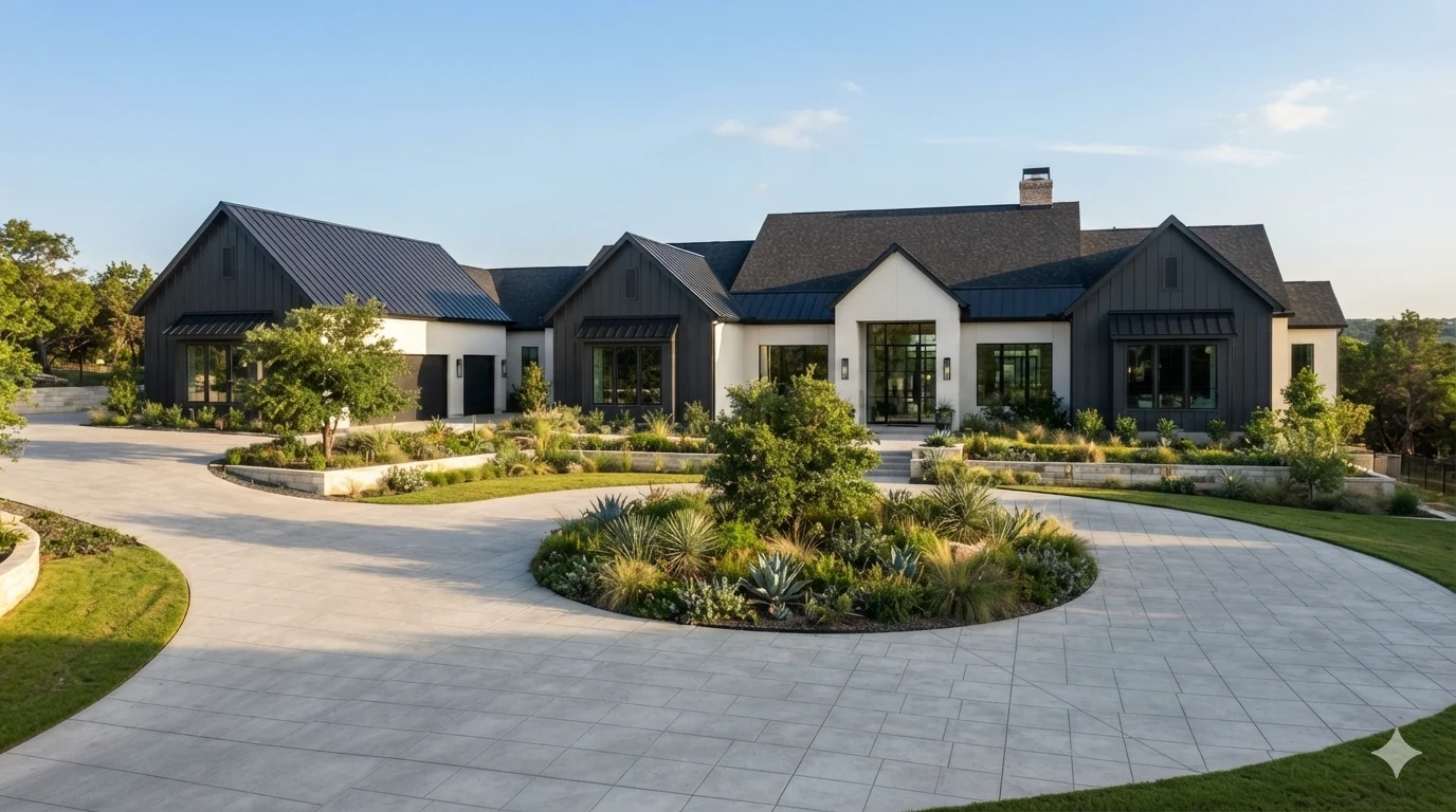Exterior concept rendering of The Oakmont with dark gables, light walls, and landscaped grounds